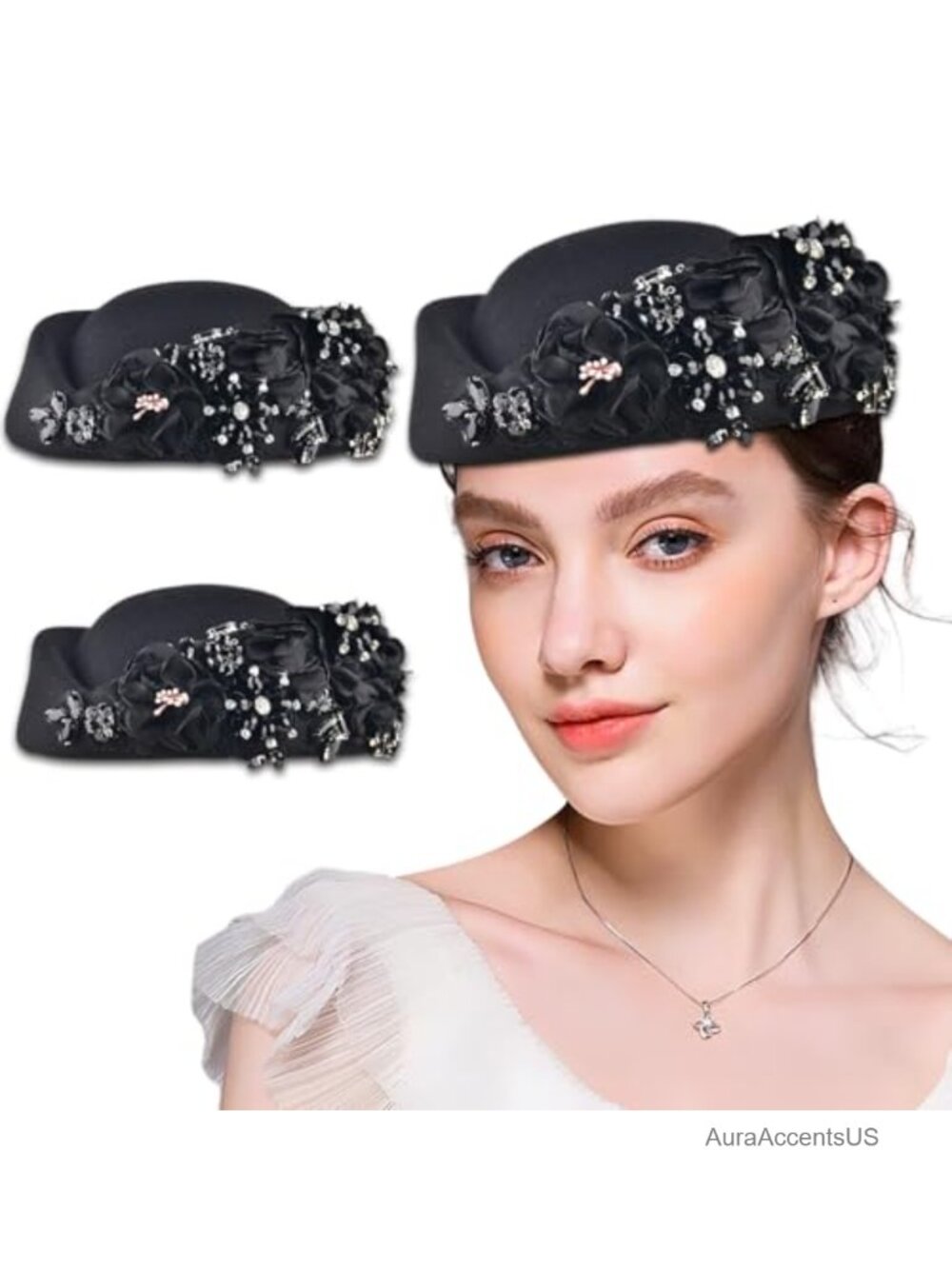 Womens Retro Felt Beret with Rhinestone Flower Derby Church Hat